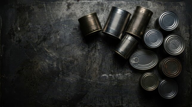 Collection of various metal food cans arranged on a dark textured surface