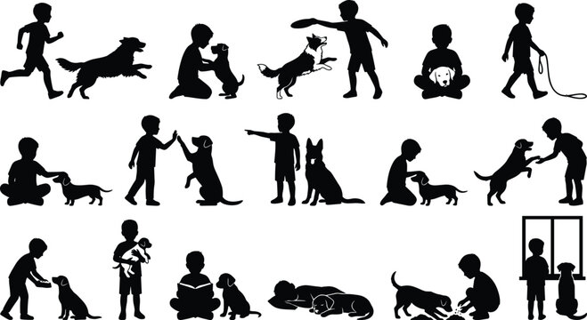 Children and Dogs Silhouette Vector Element Set with Kids Playing Training Walking Feeding and Bonding with Pets for Graphic Design