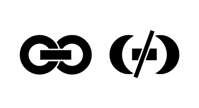 Minimal black silhouette icon, simple flat vector, bold black shape, no, no shading linked and unlinked chain icon set, connection and disconnection symbol on a, flat icon style