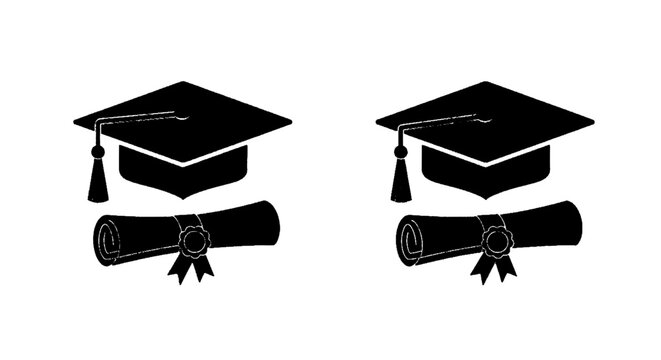 Minimal black silhouette icon, simple flat vector, bold black shape, no, no shading graduation cap and diploma scroll icon set on a, flat icon style
