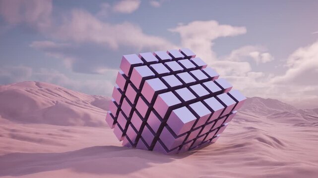 3d render landscape, cubes Serene view displaying glossy metal forms and gentle pastel landscape beneath clouds. Tranquil environment presenting radiant metal cubes amidst soft clouds and pastelhued