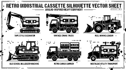 Retro Industrial Cassette Silhouette Vector Sheet Featuring Heavy Equipment. © Sebening