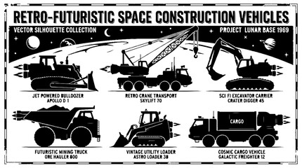 Obraz premium Retro Futuristic Space Construction Vehicles Silhouette Collection.