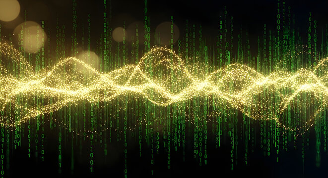 Glowing Golden Sound Wave Over Green Binary Code Stream, Futuristic Digital Data Background