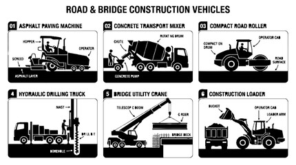 Obraz premium Road and Bridge Construction Vehicles Infographic Diagram.