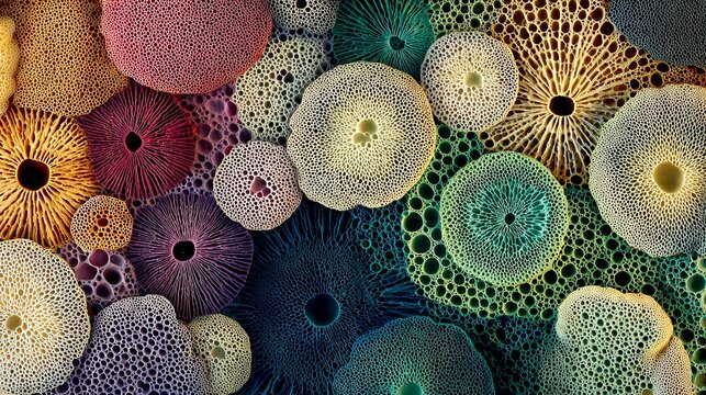 Vibrant abstract macro photography featuring intricate colorful fungal spores and organic circular patterns with deep textures and bright artistic lighting effects