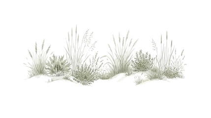 Obraz premium Minimalist wild grass vector illustration, botanical meadow plants on sand dunes, sage green field herbs and coastal vegetation border