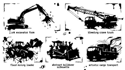 Set of abstract ink splash heavy construction machinery silhouettes. © Sebening