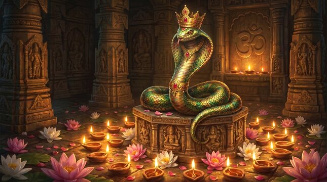 Nag Panchami Celebration with Sacred Cobra Adorned in Glowing Ornaments and Pink Lotus Flowers on Dark Green Gradient Background