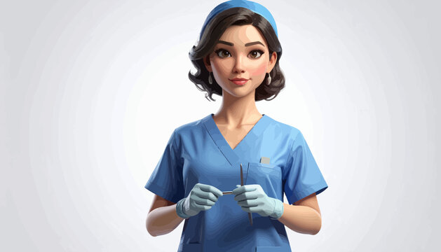 Nurse in blue scrubs and gloves.