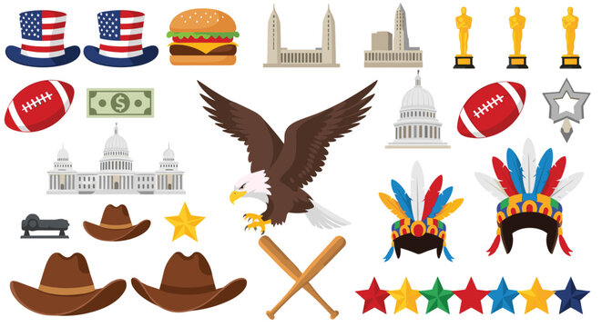 Collection of United States icons and symbols including the eagle, flag, capitol building, cowboy hat, and stars.