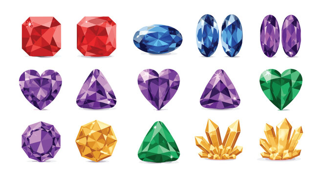 Variety of sparkling gemstones and crystals in different cuts like heart, triangle, and octagon shapes is shown on a white base.