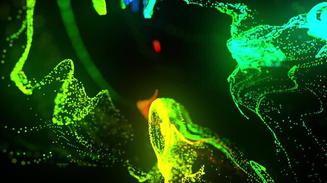 3d render glowing ink Close view of glowing particles. Photograph highlighting shining ink and drifting luminous particles focus. Image emphasizing bright ink and floating glowing particles in sharp