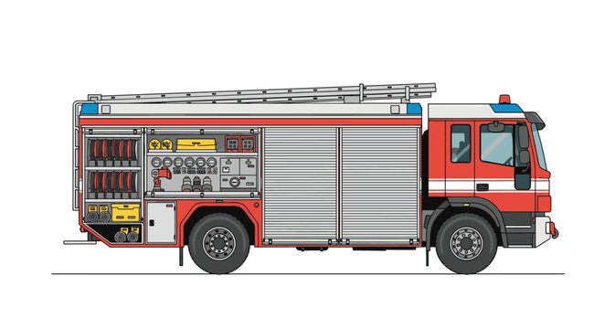Detailed side view of a modern red fire truck showing cabinets filled with emergency equipment, ladders, and firefighting tools.