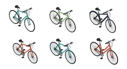 Obraz premium Set of various bicycles including road bikes and hybrid models in multiple colors like blue, green, and red for cycling enthusiasts.