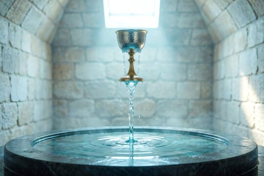 Holy Water Flow Concept Radiant close‑up of cleansing water streaming from a chalice, emphasizing purity, sanctification, and the symbolism of the Eucharist and baptism combined.