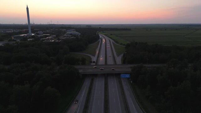 Autobahn highway overpass at sunset aerial near Bremen Germany