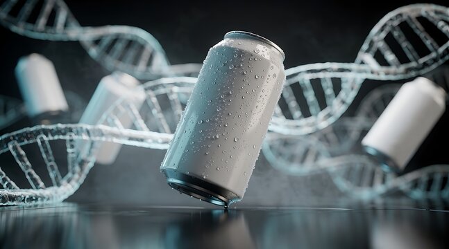 Canned beverage with DNA helix structures in the background, representing genetic modification or science in drinks.