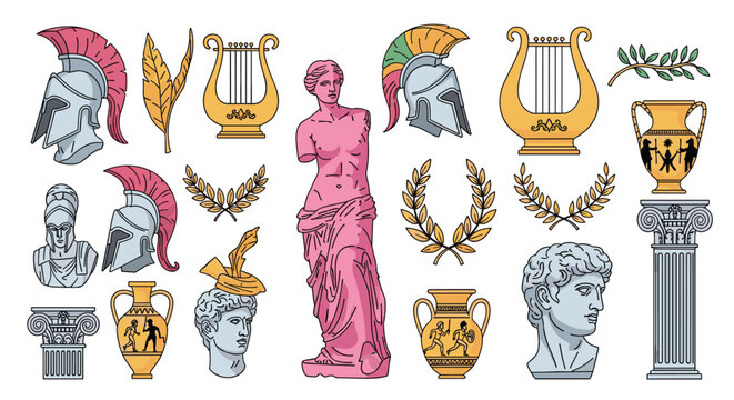 Collection of ancient greek and roman elements featuring venus de milo statue david head medusa shield columns and laurel wreaths for history projects.