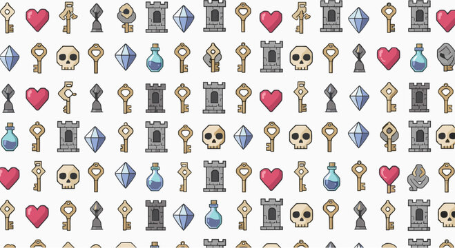Retro pixel art game elements featuring keys skulls hearts towers potions and diamonds arranged in a repeating pattern for game interface design.