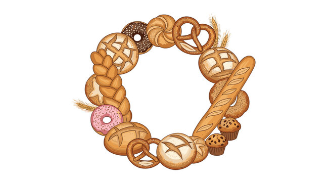 Creative circular wreath made of various bread items like baguettes pretzels donuts and muffins for bakery logos and artisanal food packaging.