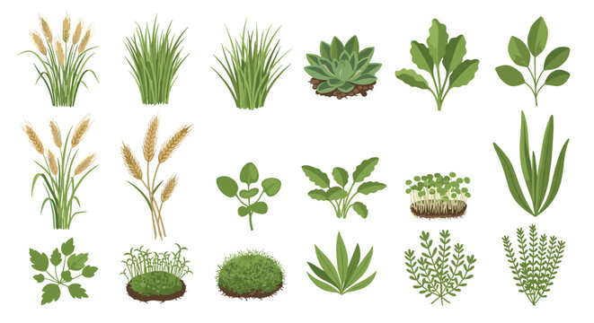 Detailed selection of various grass types leaves and small plants in a pixel art style for environmental backgrounds and garden design projects.