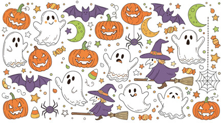 Fototapeta premium Halloween Collection :Cute Ghosts, Pumpkins, Bats, and Witches in a Whimsical Pattern Isolated on a transparent background