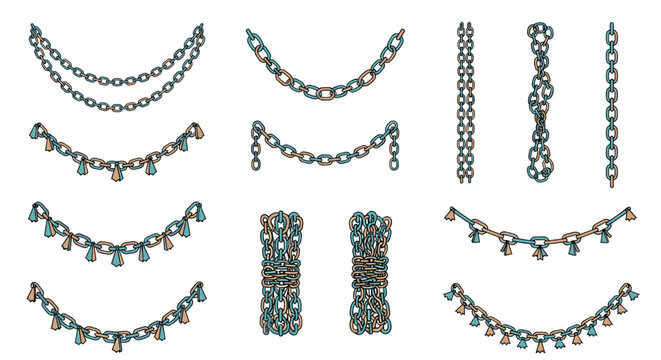 Large set of decorative metal chains in various styles and arrangements including necklaces and draped strands for fashion and jewelry design.