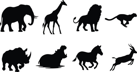 Wild safari animals vector icon set featuring black silhouettes of African wildlife including elephant giraffe lion cheetah and hippopotamus © Saminur