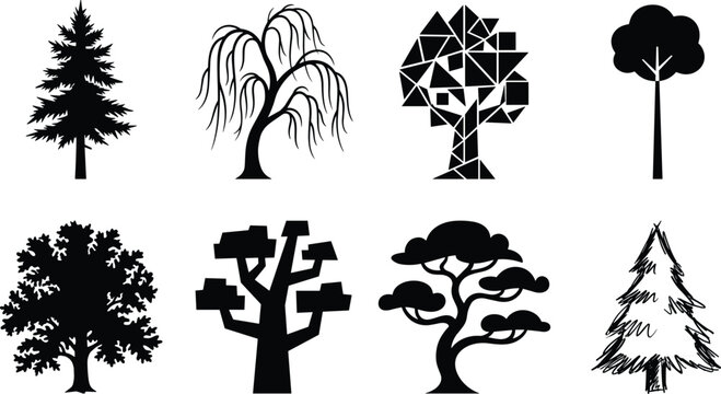 Tree and nature vector icon set featuring black silhouettes of pine willow abstract geometric and bonsai tree variations