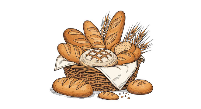 Detailed hand drawn illustration of a wicker basket filled with various types of fresh artisan bread and wheat stalks.