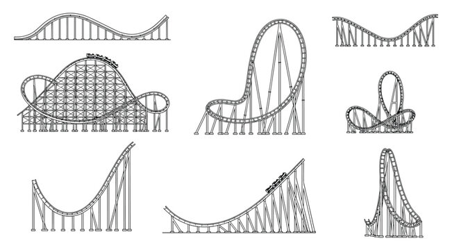 Line art blueprints of various rollercoaster designs featuring loops, steep drops, and complex track structures for a theme park.