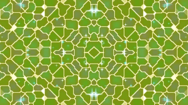 green geometric pattern with gold lines and blue accents