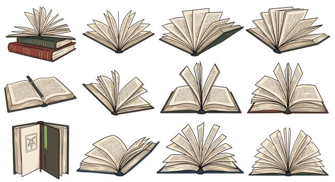 Collection of detailed hand drawn open books at various angles suitable for academic, research, or storytelling concepts.