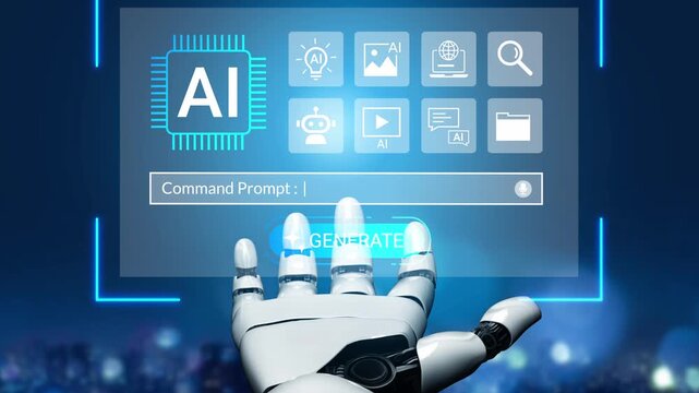 Futuristic Robotic Hand Interacting with AI Interface Displaying Various Digital Options and Commands for Artificial Intelligence Applications Gluon.