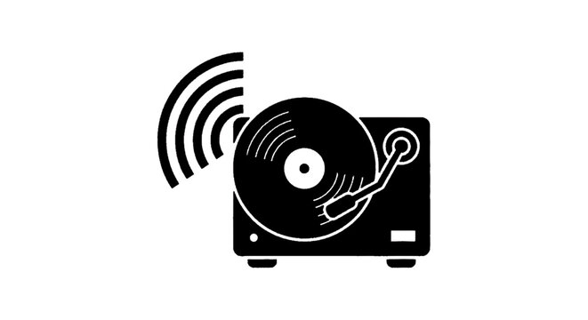 Minimal black silhouette icon, simple flat vector, bold black shape, no, no shading vinyl record player icon with wireless signal symbol on a, flat icon style