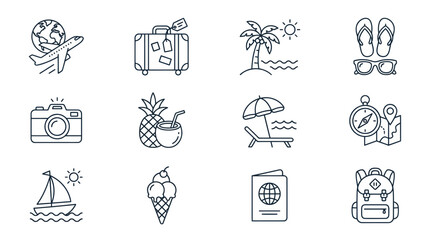 Fototapeta premium Travel and Vacation Icons: Airplane, Suitcase, Beach, Camera, Passport, Map, Compass