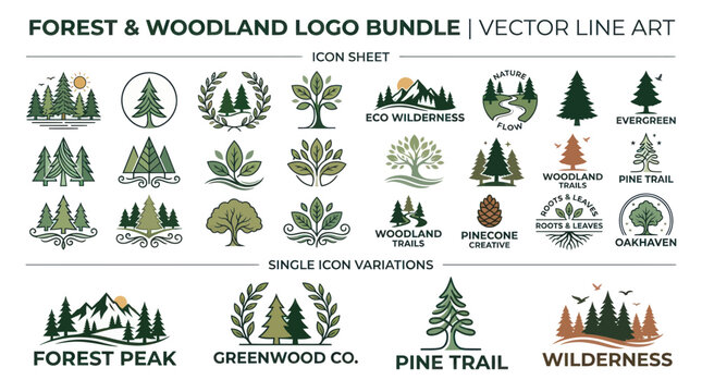 Forest & Woodland Logo Bundle: Vector Line Art Icons for Nature and Eco Themes