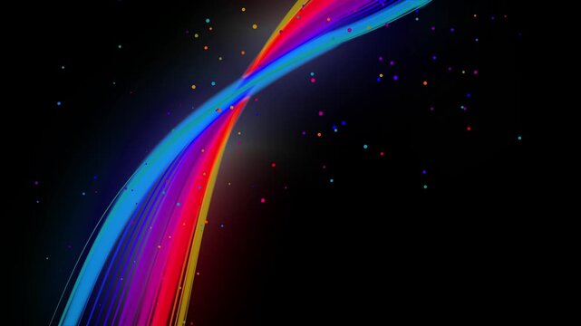 3d render VJ Loop particles Animated neon band crossing stage with confetti and glowing effects. Loopable three dimensional neon ribbon with vibrant particles and cinematic lighting effects for visual