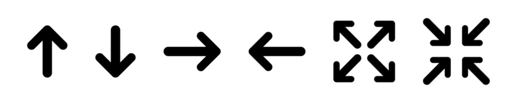Arrow direction icon set with navigation arrows, expand and collapse controls. Directional symbols for interface navigation, resizing actions and layout adjustment.