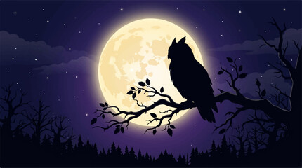 Fototapeta premium Owl Sitting on Branch Full Moon Halloween Night Purple Sky Vector Illustration