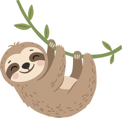 Obraz premium Sloth Hanging on Branch Cute Cartoon Clipart Illustration