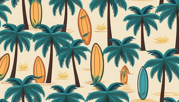 summer tropical seamless pattern of palm trees with surfboards