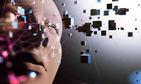 Rostro digital abstracto con IA y efecto de desintegraci&oacute;n de p&iacute;xeles. Concepto de desintegraci&oacute;n de rostro humano digital mediante IA; inteligencia artificial y tecnolog&iacute;a de datos para tecnnologia