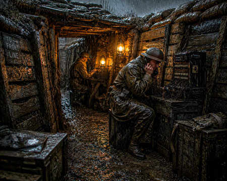 World War I trench communications diorama with soldiers operating field telephone equipment