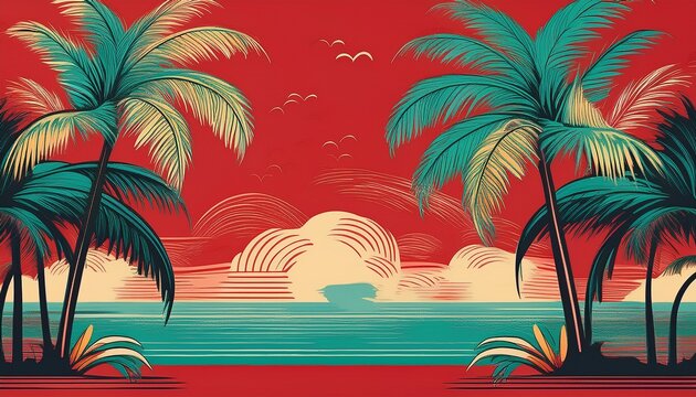 summer tropical seamless pattern of palm trees on red marine border background