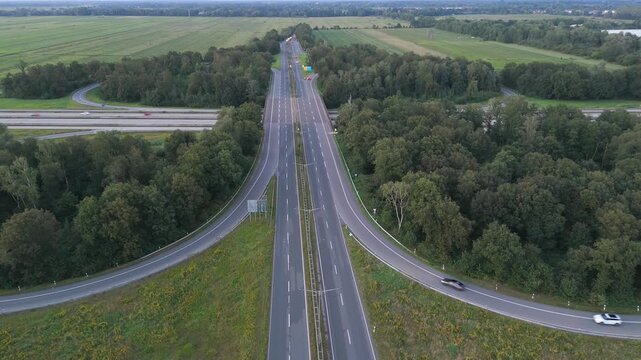 Autobahn highway junction with ramps aerial view near Bremen Germany