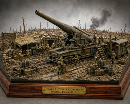 Heavy howitzer battery diorama on the Western Front during World War I artillery operations