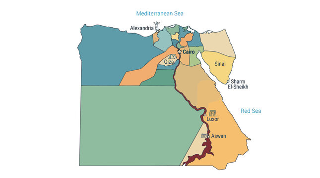 Map of Egypt showing governorates, cities, Nile River, Red Sea, Mediterranean Sea