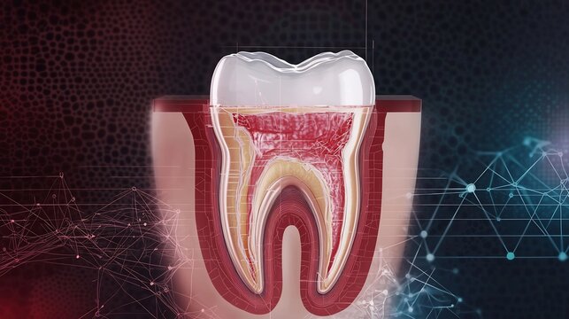 High tech 3D cross section of a single human tooth showing internal layers with digital network overlays
